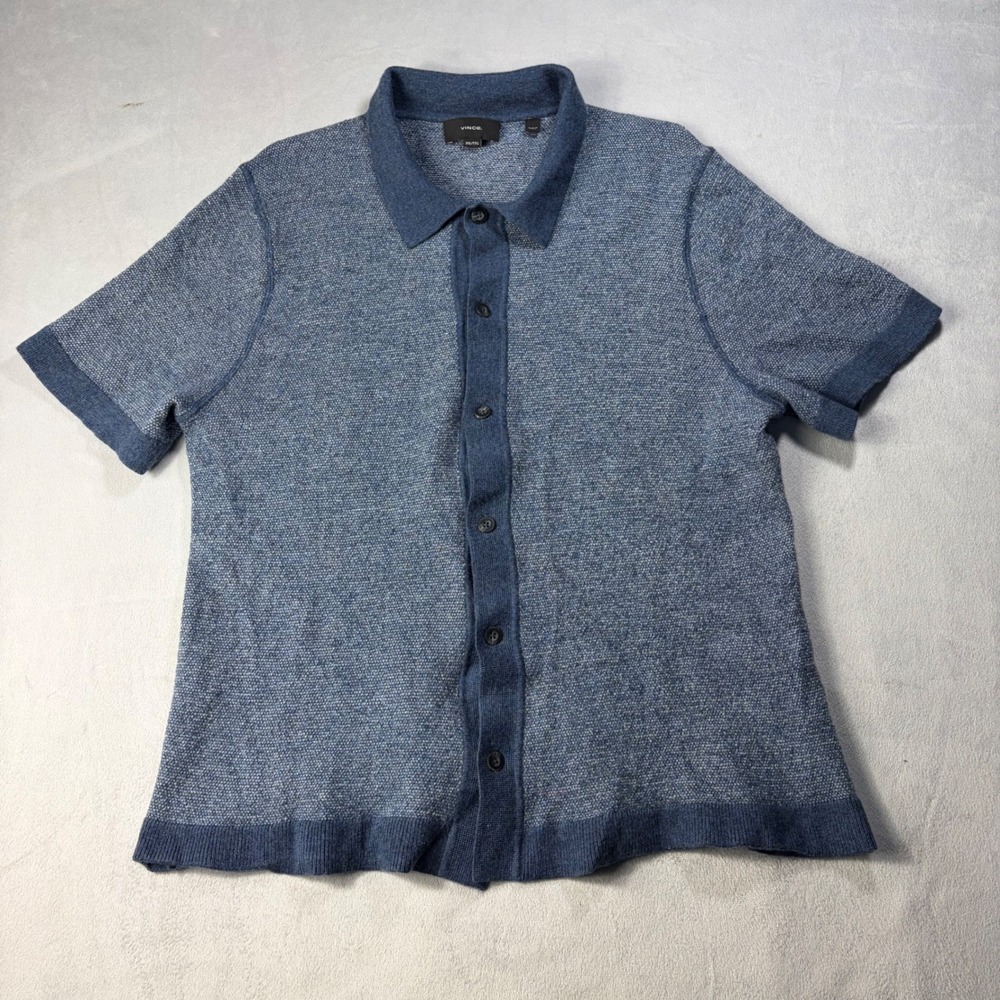 Vince Mens XXL Blue Textured Merino Wool Knit Short Sleeve Button Up Polo Shirt